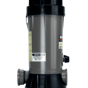 A gray and black Hayward CL220 Off-line Automatic Chemical Feeder on a white background.